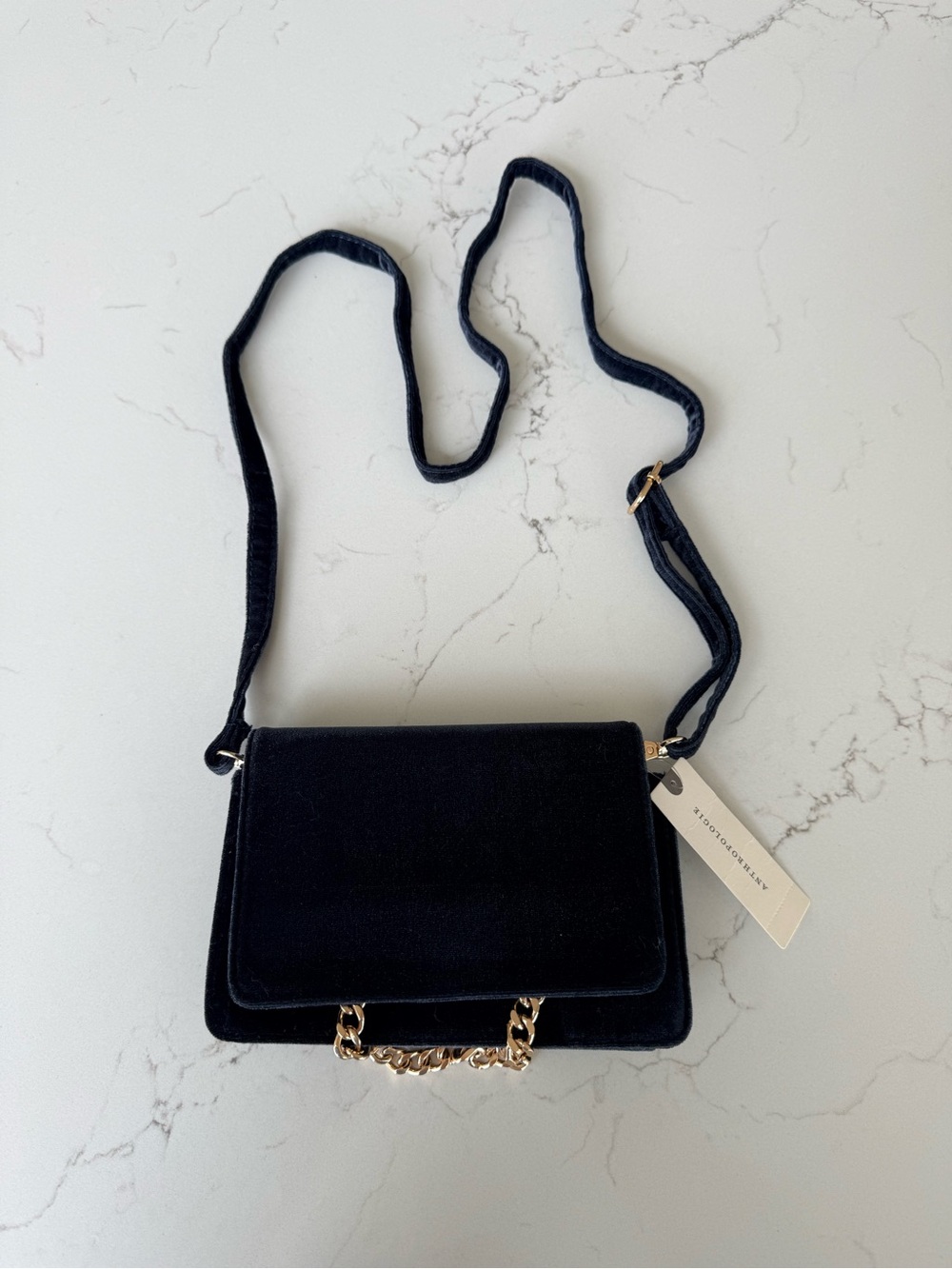 Anthropologie Navy Blue Velvet Crossbody Bag with Gold Chain NWT